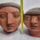Ensemble de 3 têtes de femme décoratives en terre cuite rouge