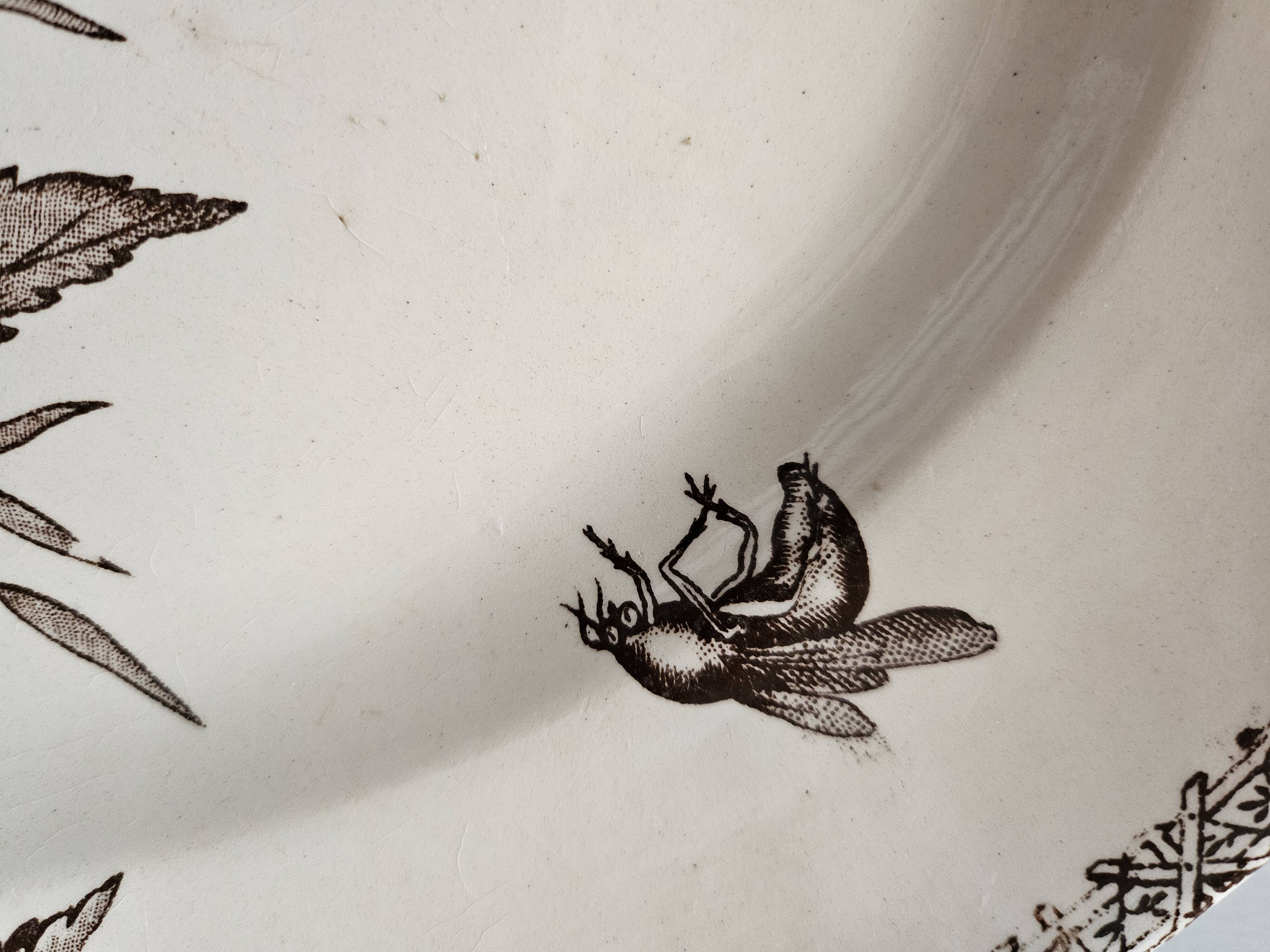 Large antique oval dish Terre de Fer – decoration of apples and insects