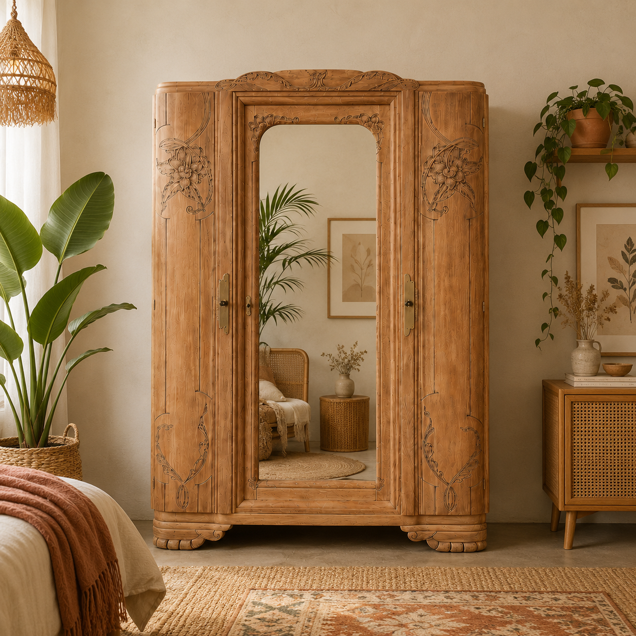 Art Deco wardrobe with bevelled mirror in solid raw walnut.