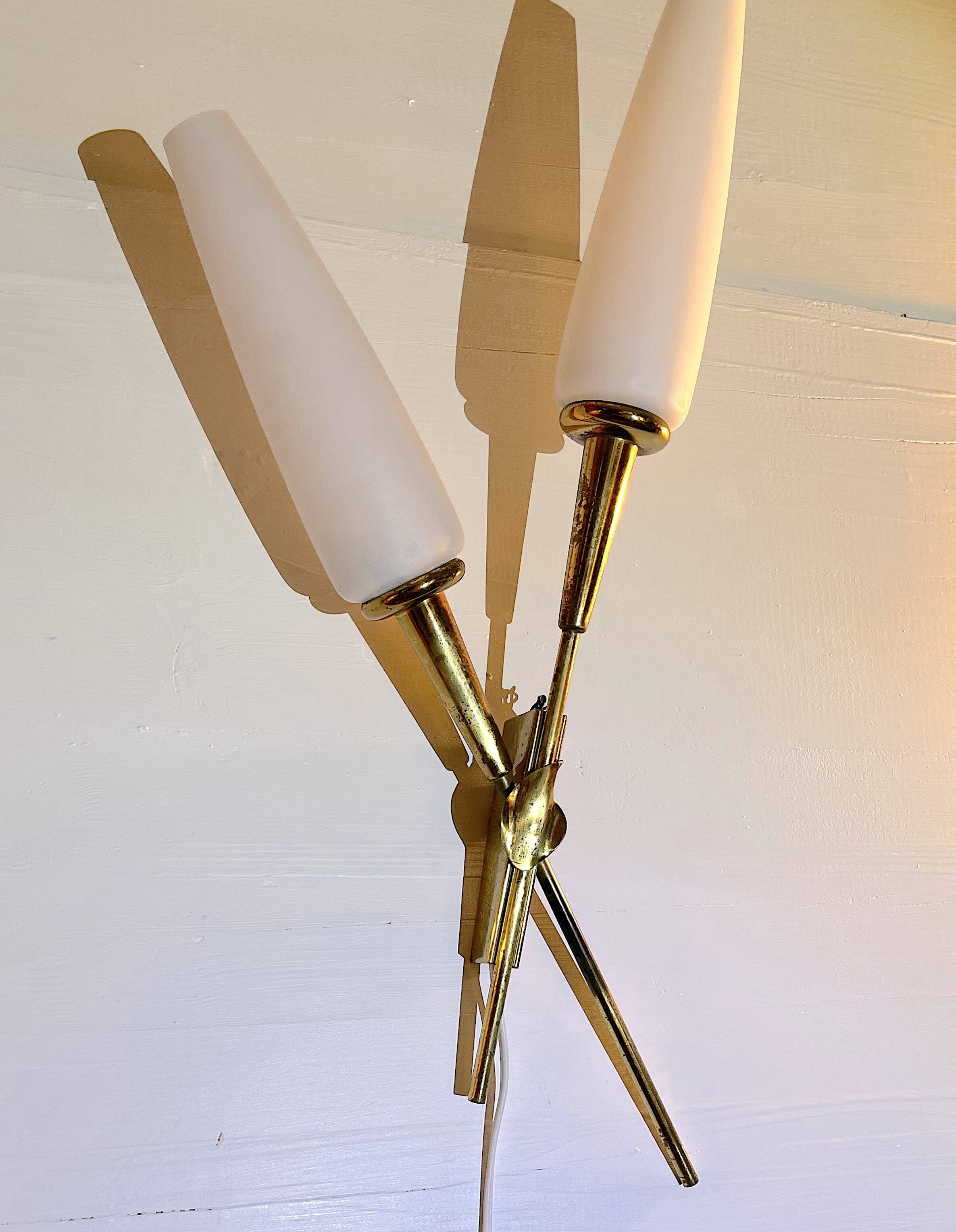 Pair of double crossed brass and opaline sconces, Maison Arlus, France, Mid-Century