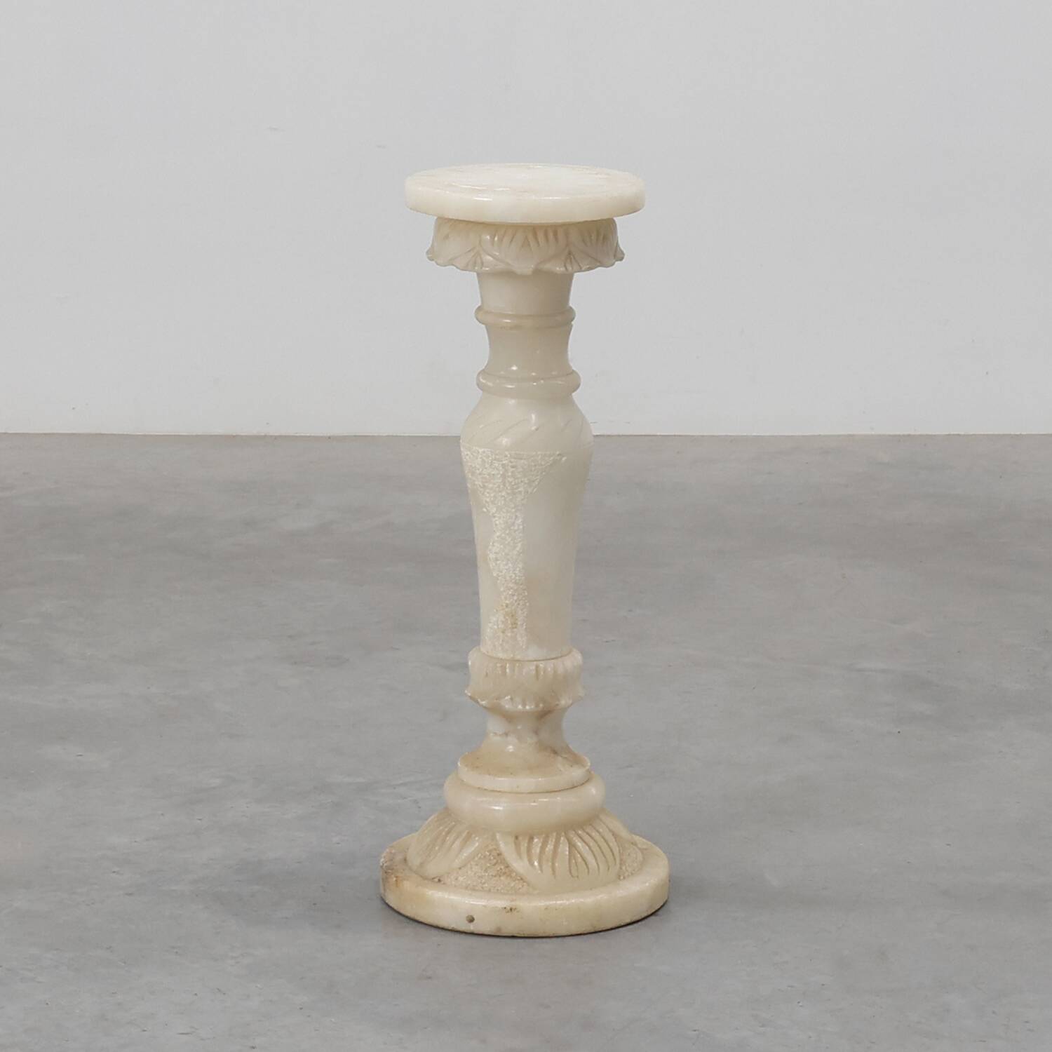 Italian Turned Alabaster Pedestal Column with Carved Leaf Capital