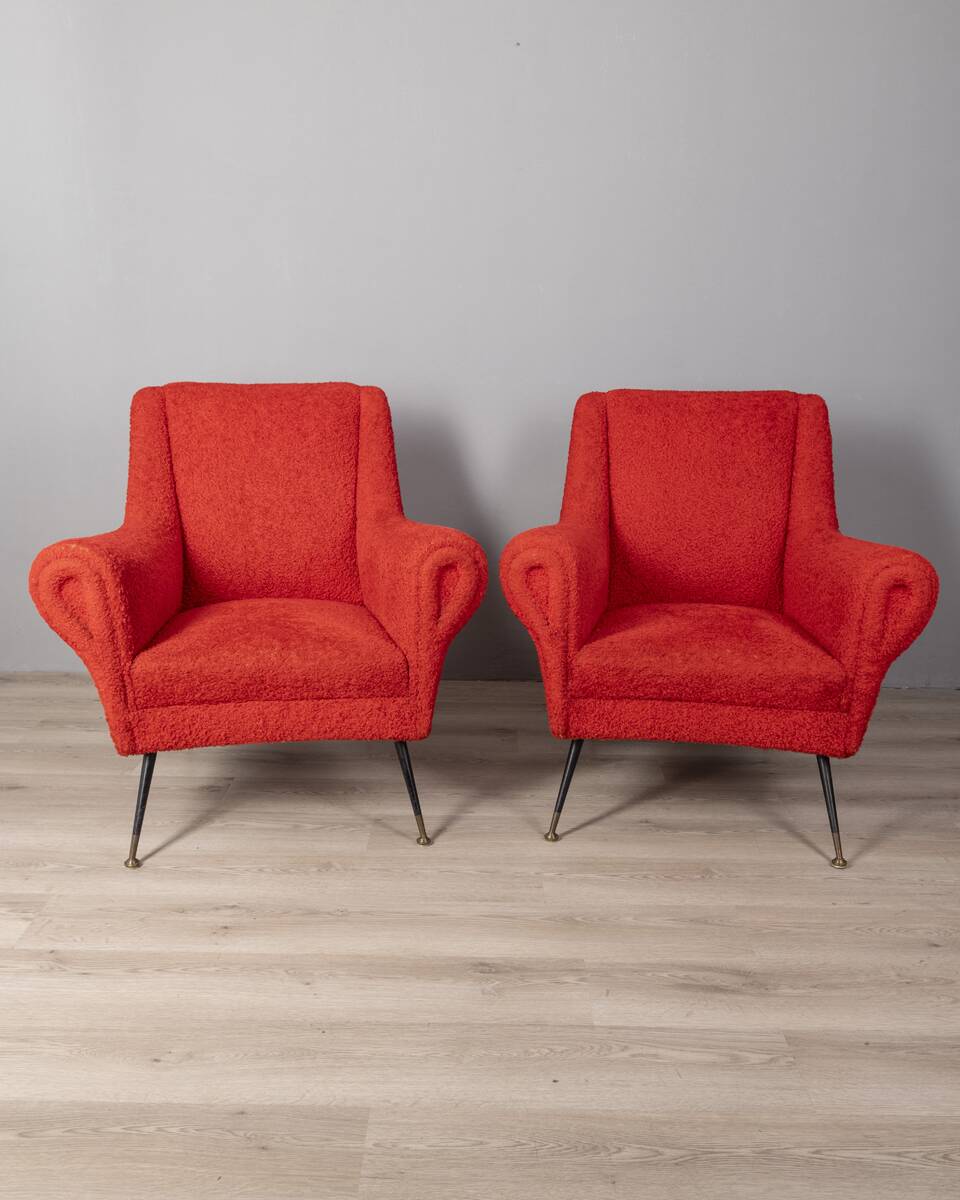 Pair of vintage 50s armchairs red fabric Italian design