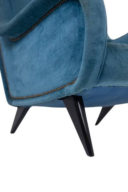 Blue velvet armchair, beech base. 1950s.