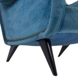 Blue velvet armchair, beech base. 1950s.