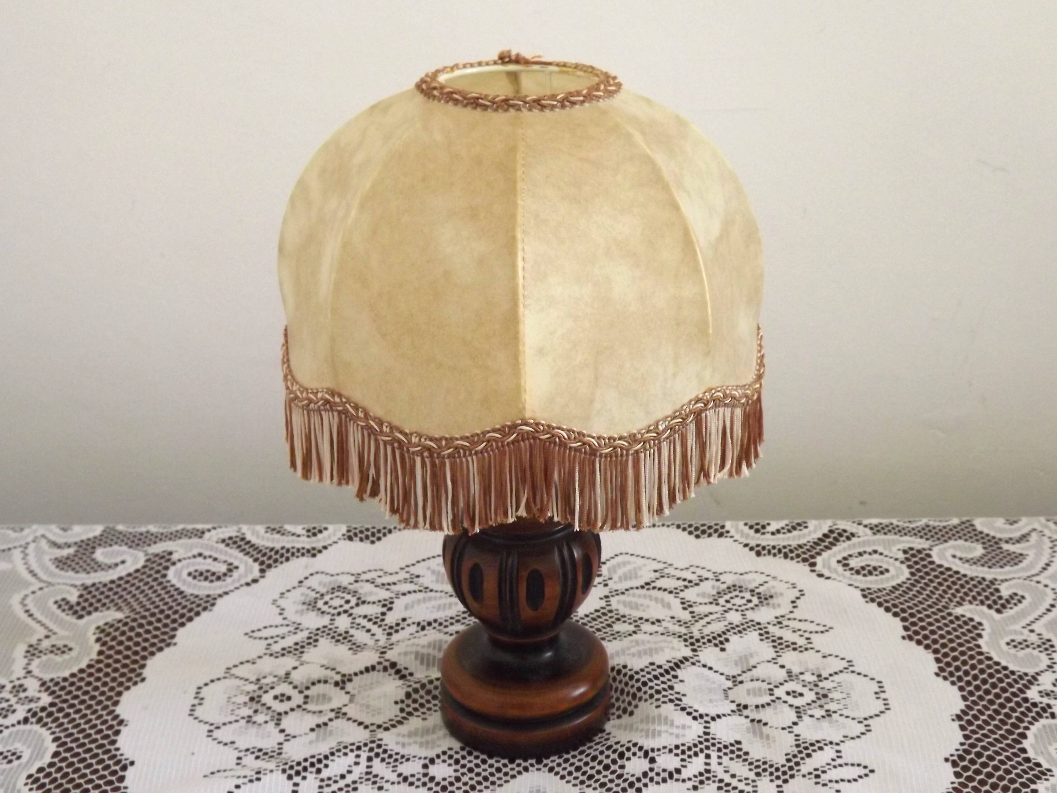 French Mid Century Round Turned Wood Grooved Table Lamp Hide Skin Shade