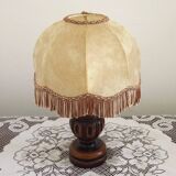 French Mid Century Round Turned Wood Grooved Table Lamp Hide Skin Shade