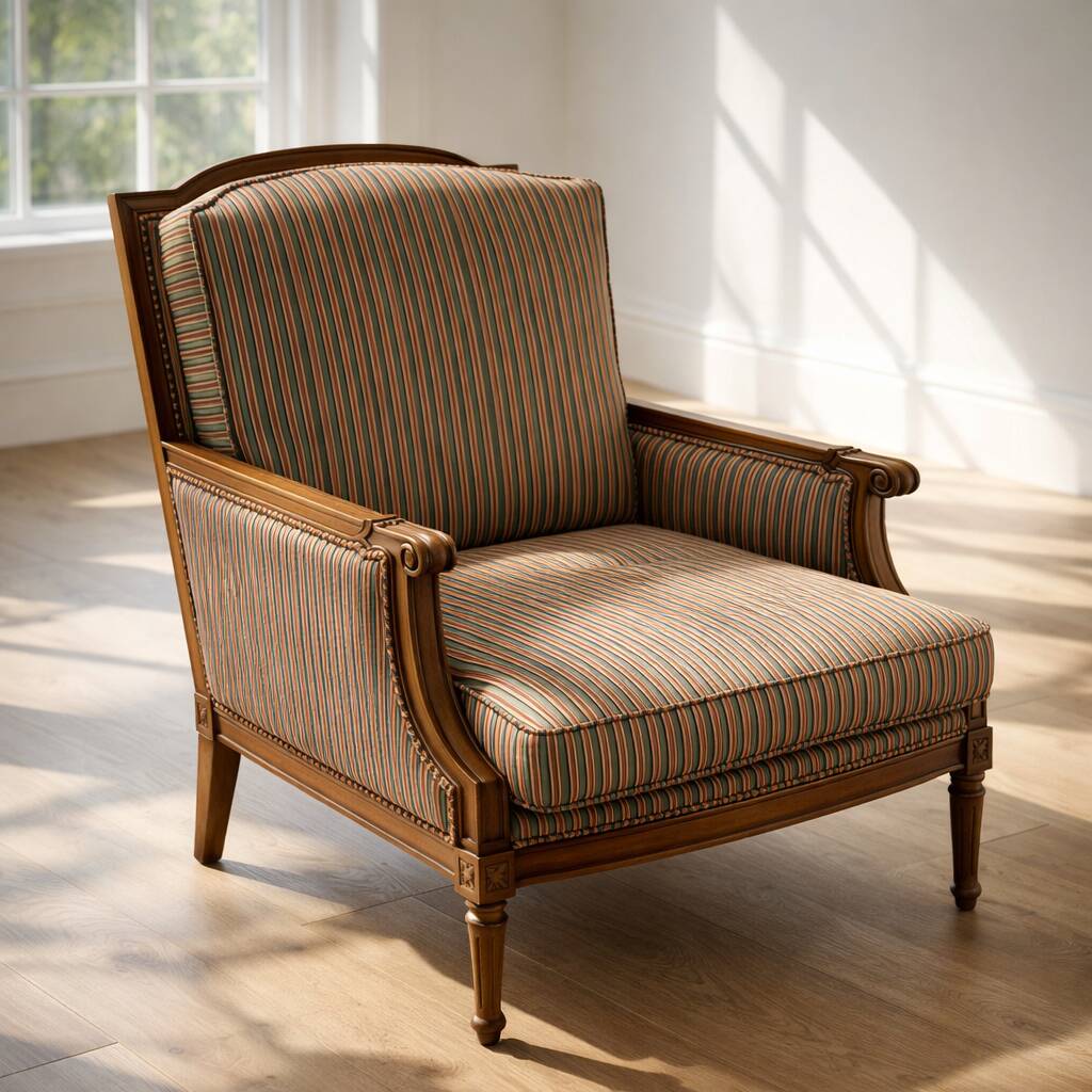 Armchair in the style of Louis XVI made of solid wood, striped fabric.