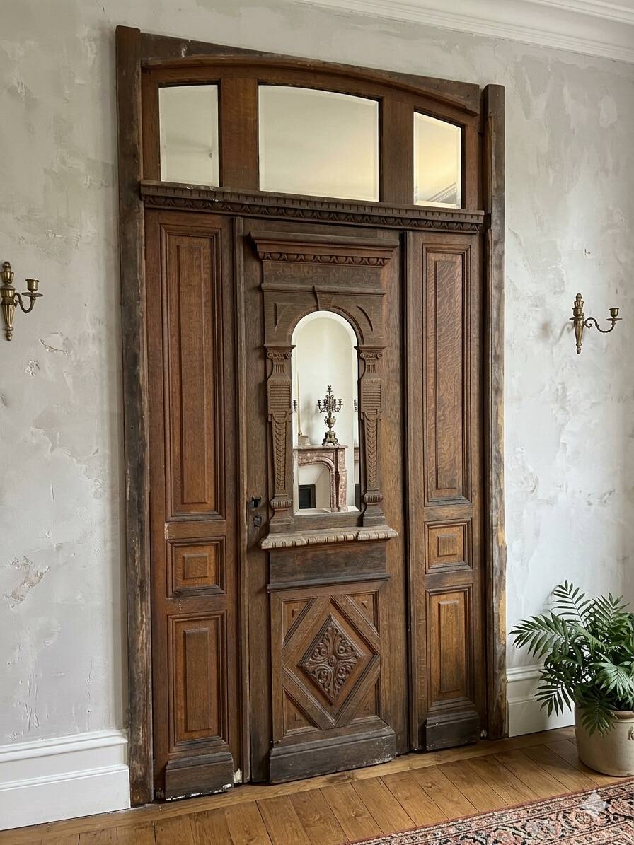 19th-century solid oak entrance door with three openings, including frame.