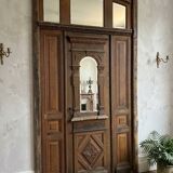 19th-century solid oak entrance door with three openings, including frame.