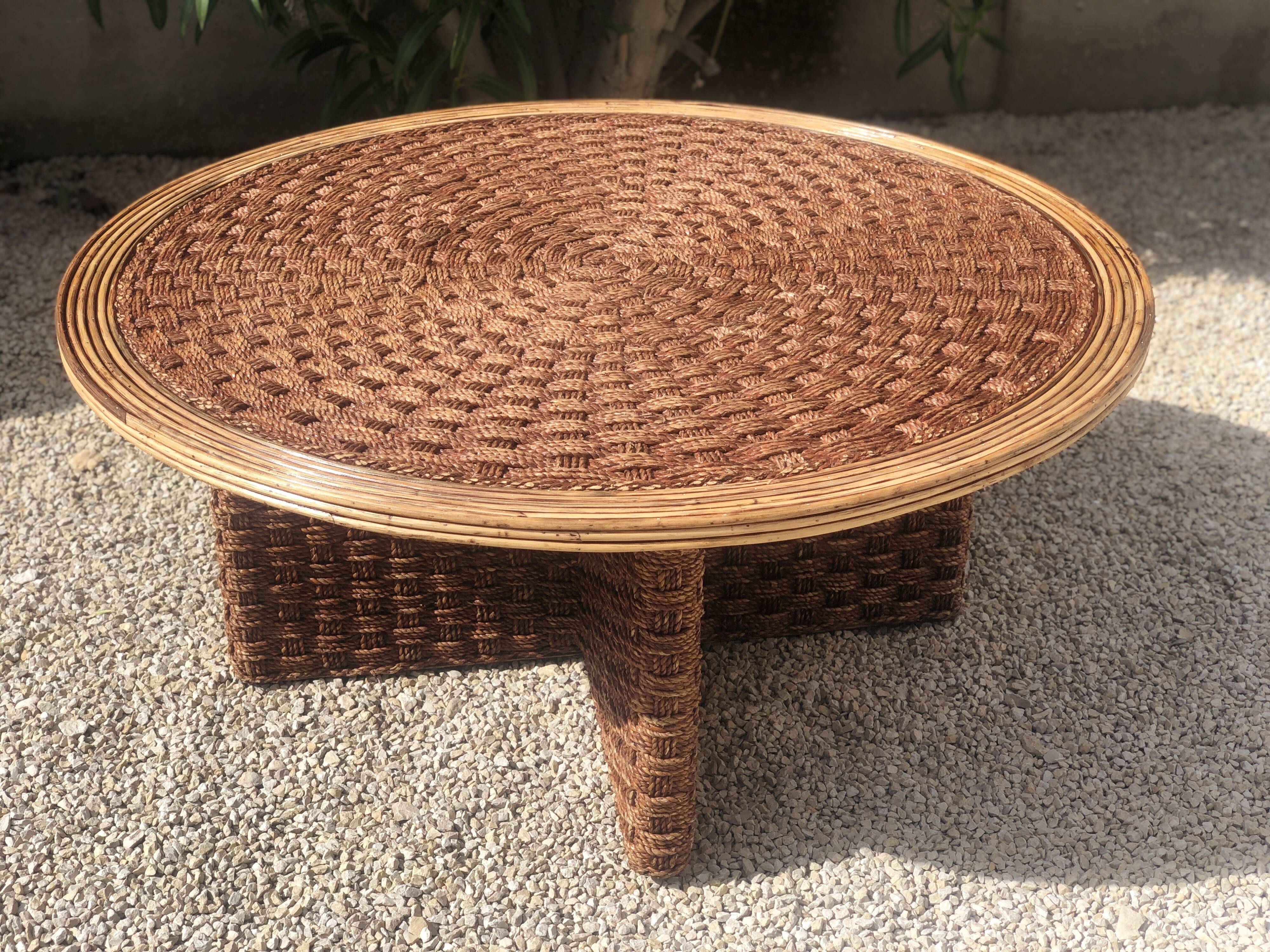 Woven rope and rattan coffee table, 1970s