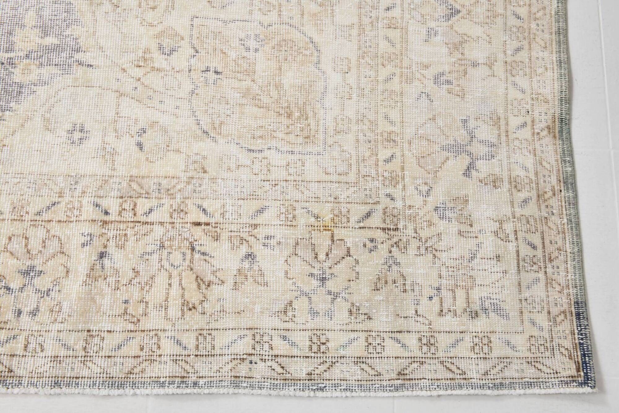 Vintage Light Blue & Cream Turkish Rug, Oriental Pattern Bedroom Carpet