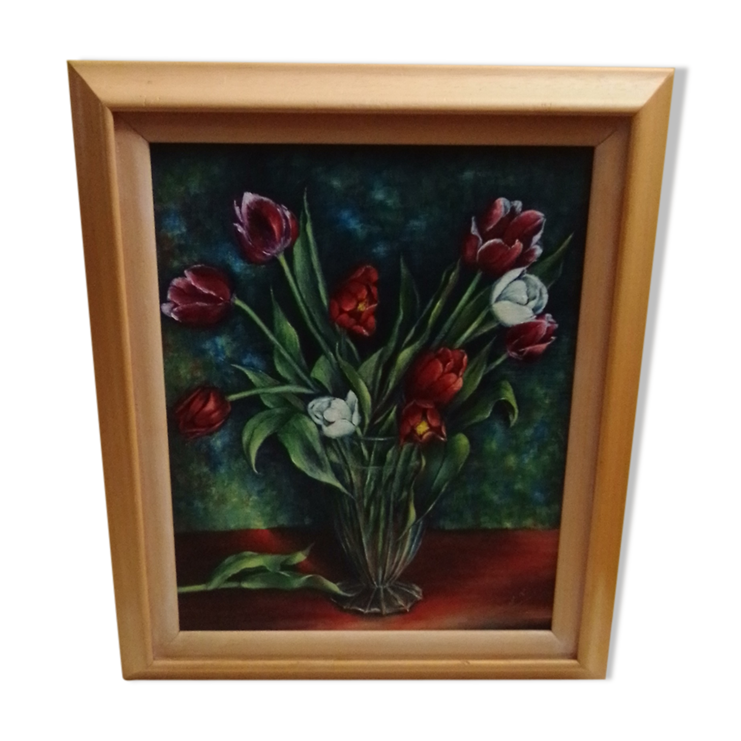 Oil on cardboard coated bouquet of tulips signed