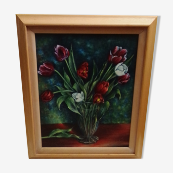 Oil on cardboard coated bouquet of tulips signed