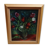 Oil on cardboard coated bouquet of tulips signed