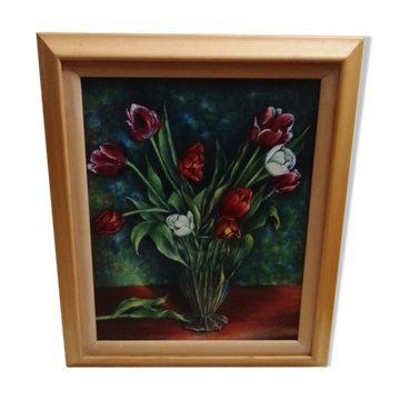 Oil on cardboard coated bouquet of tulips signed