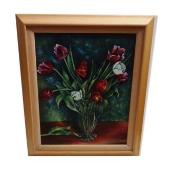 Oil on cardboard coated bouquet of tulips signed