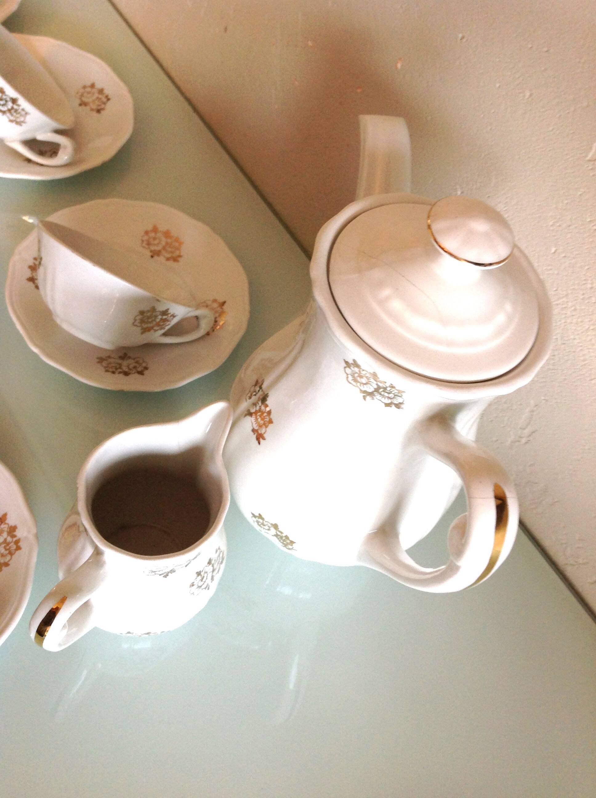 White porcelain coffee service with golden flowers / vintage 50s-60s