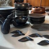 Ceramony Vallauris tableware set in matt black earthenware 1950 - 38 pieces