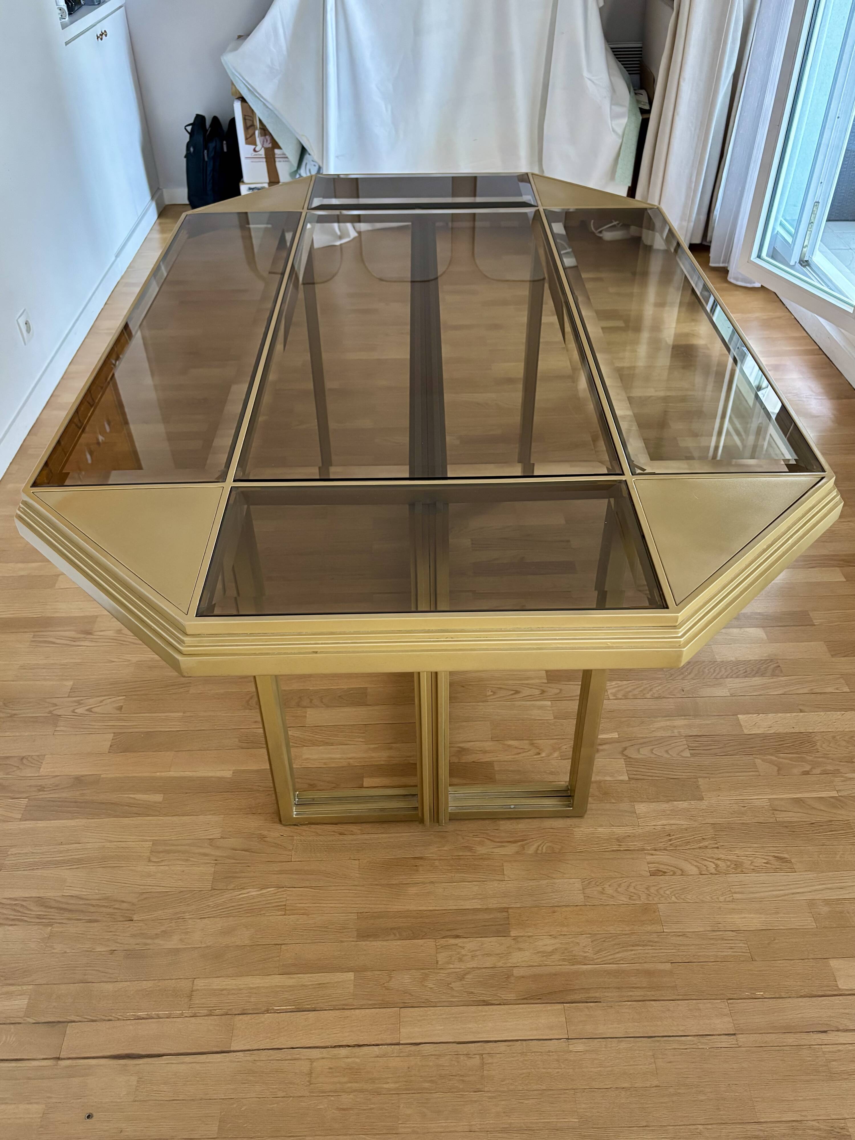 Dining table in brass and smoked glass, Italchrome
