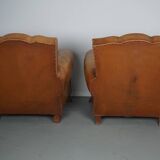 Pair of French Cognac Moustache Back Leather Club Chairs, 1950s