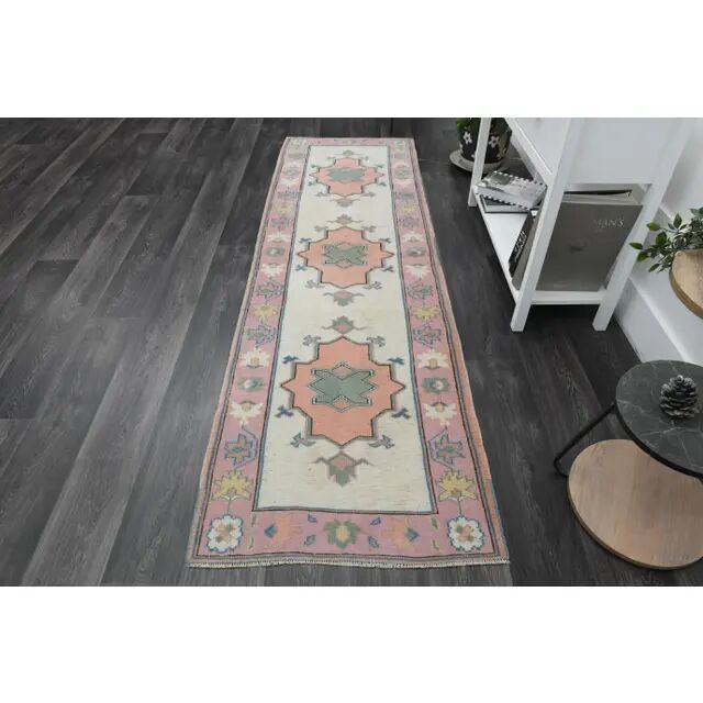 1970s Vintage Turkish Oushak Handmade Wool Cotton Orange Pink Rug  81x270