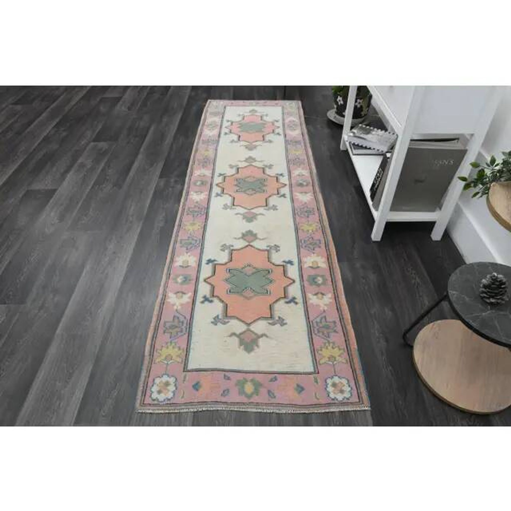 1970s Vintage Turkish Oushak Handmade Wool Cotton Orange Pink Rug  81x270