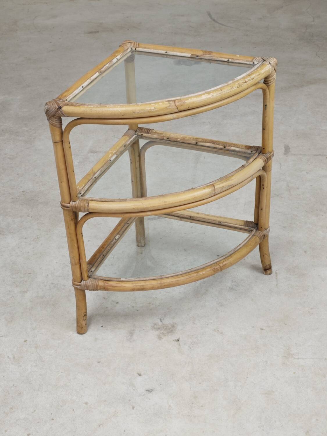 Rattan and glass corner shelf 1970