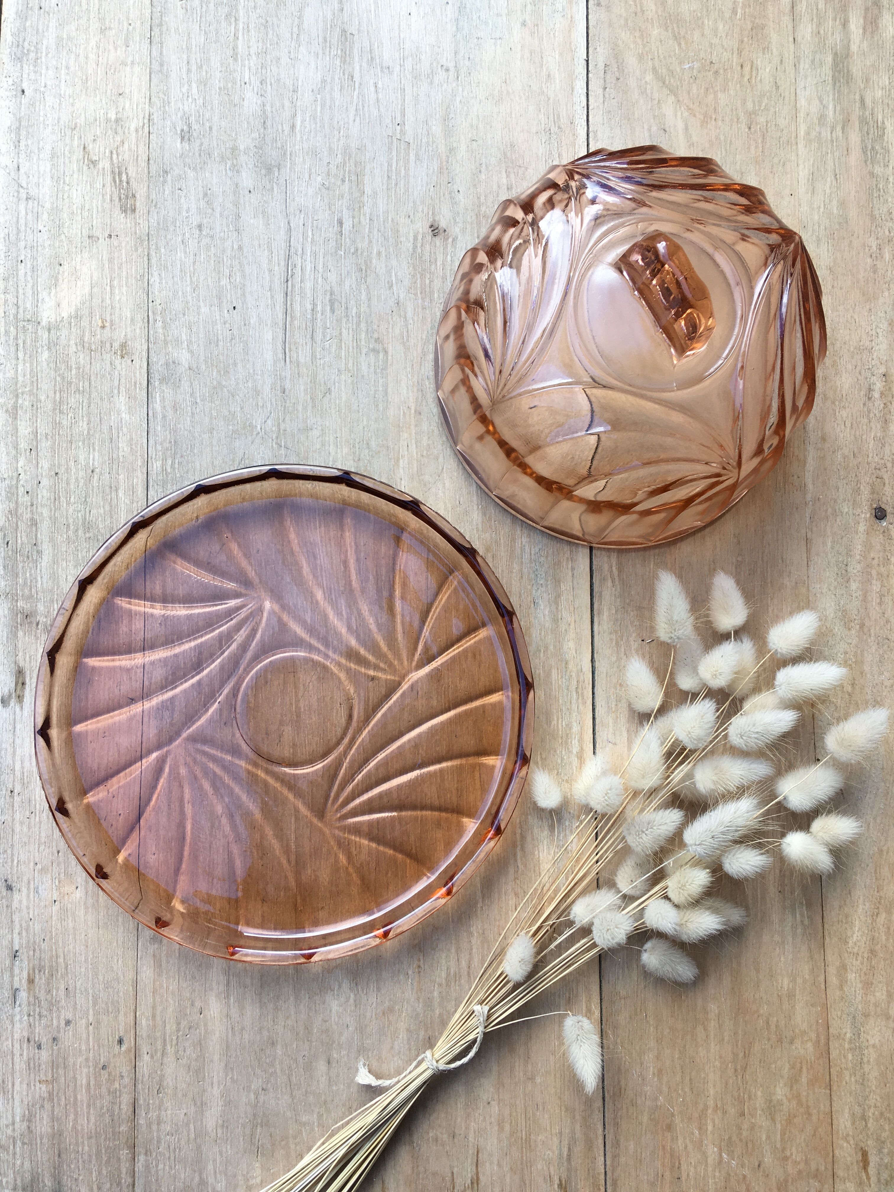 Pink glass bell with tray