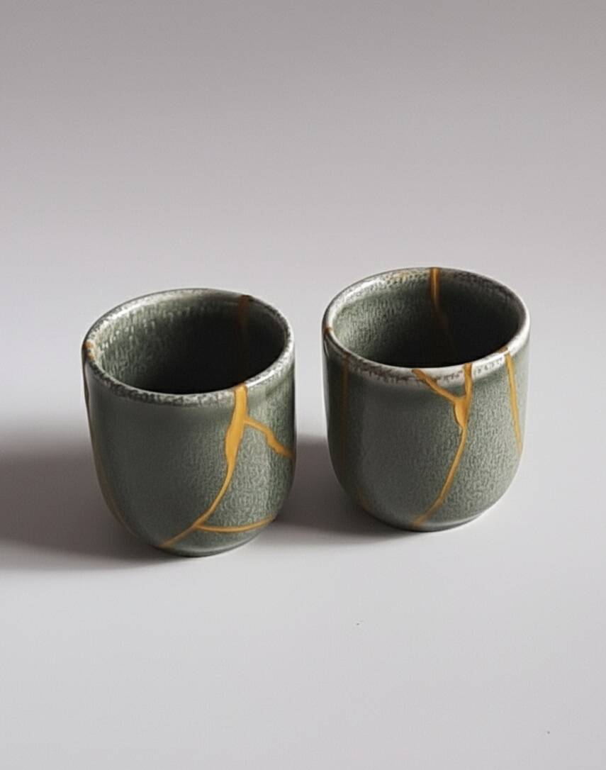 A pair of artisanal cups in traditional kintsugi.
