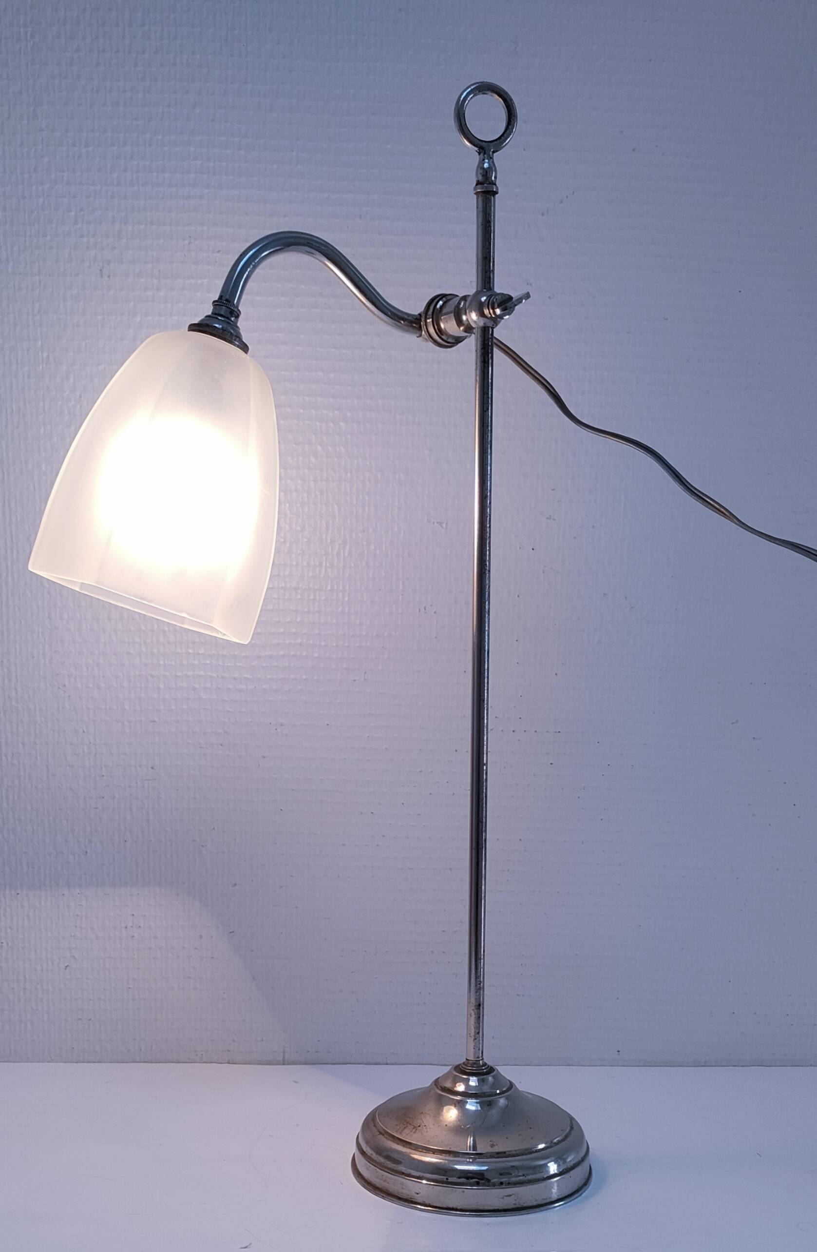 Art Deco lamp with chrome metal and opalescent glass.