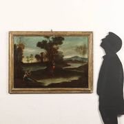 Ancient painting from the 1700s, landscape with figures, oil on canvas, styled frame.