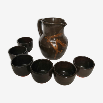 Pitcher and cups in glazed stoneware