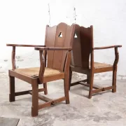 Pair of brutalist oak lounge chairs with rush seats – Netherlands