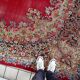 Antique 1920s Persian Kerman rug, floral medallion, red field, 267cm x 364cm
