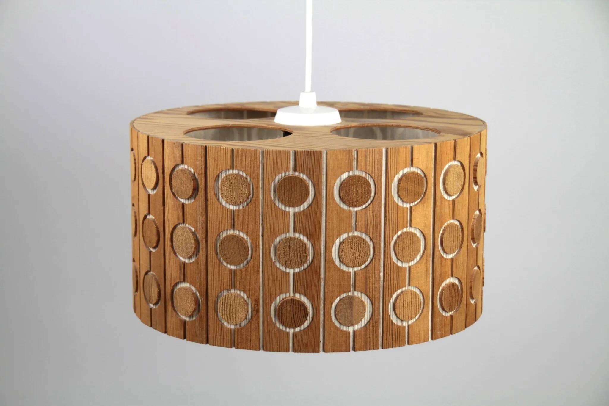 Pine Pendant Lamp – Cylindrical with Circle Pattern, Scandinavia – 1960s/1970s