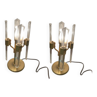 Lampes de table italiennes en laiton et cristal des années 1970