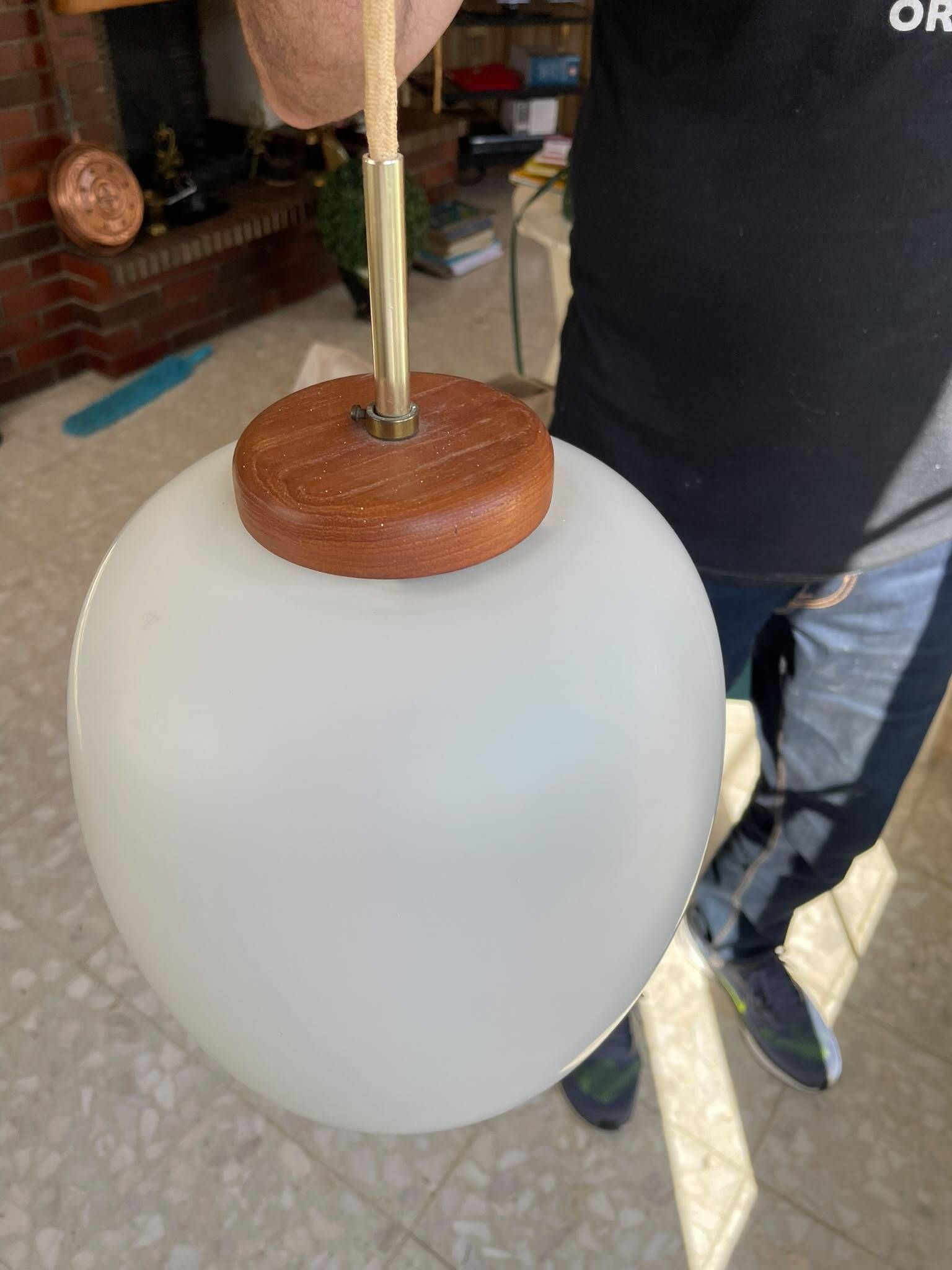 Suspension design Bent Karlby, Lyfa edition 1960s. Opaline glass, teak.