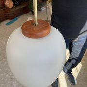 Suspension design Bent Karlby, Lyfa edition 1960s. Opaline glass, teak.