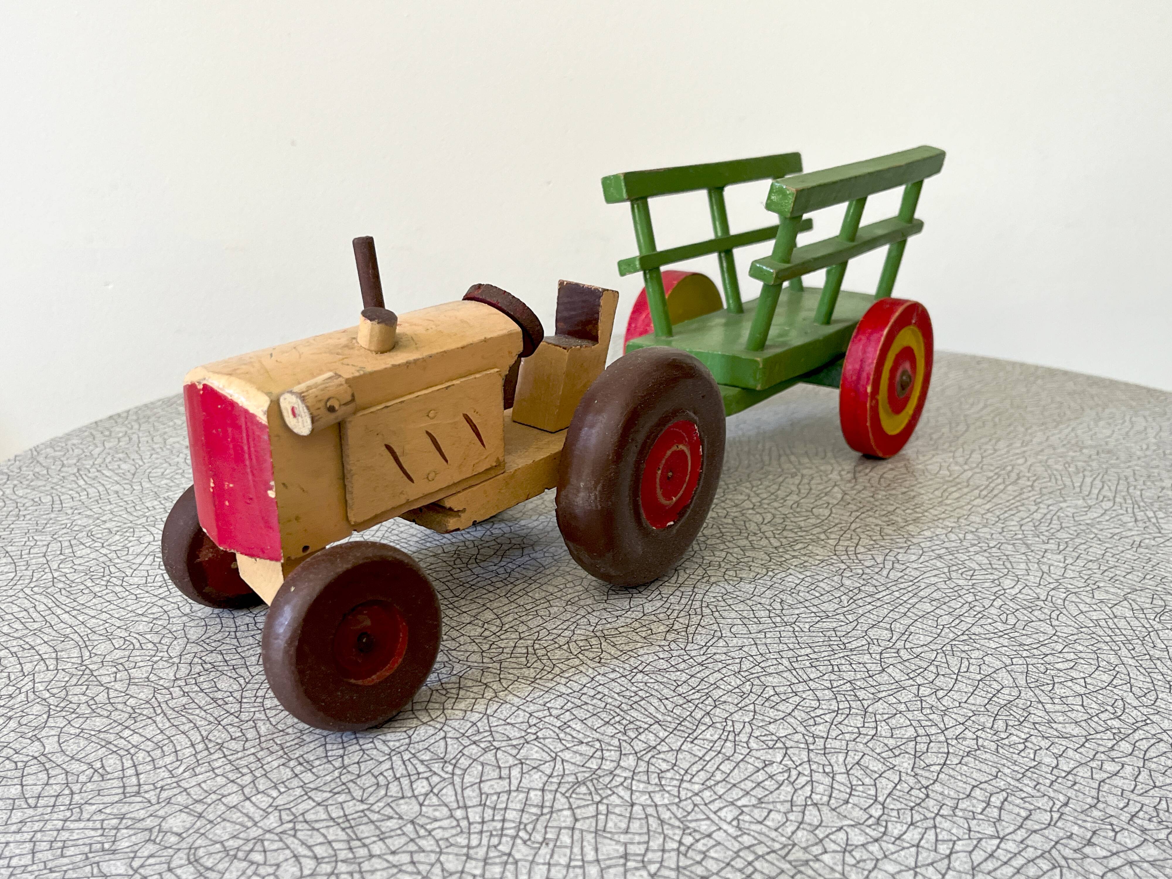 Wooden tractor with trailer, antique toy