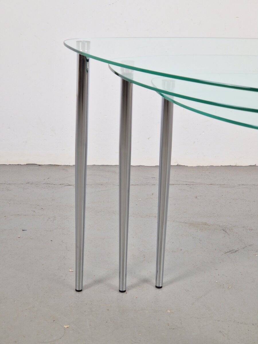 Triangular Nesting Tables in Glass and Metal, 1970s, Set of 3