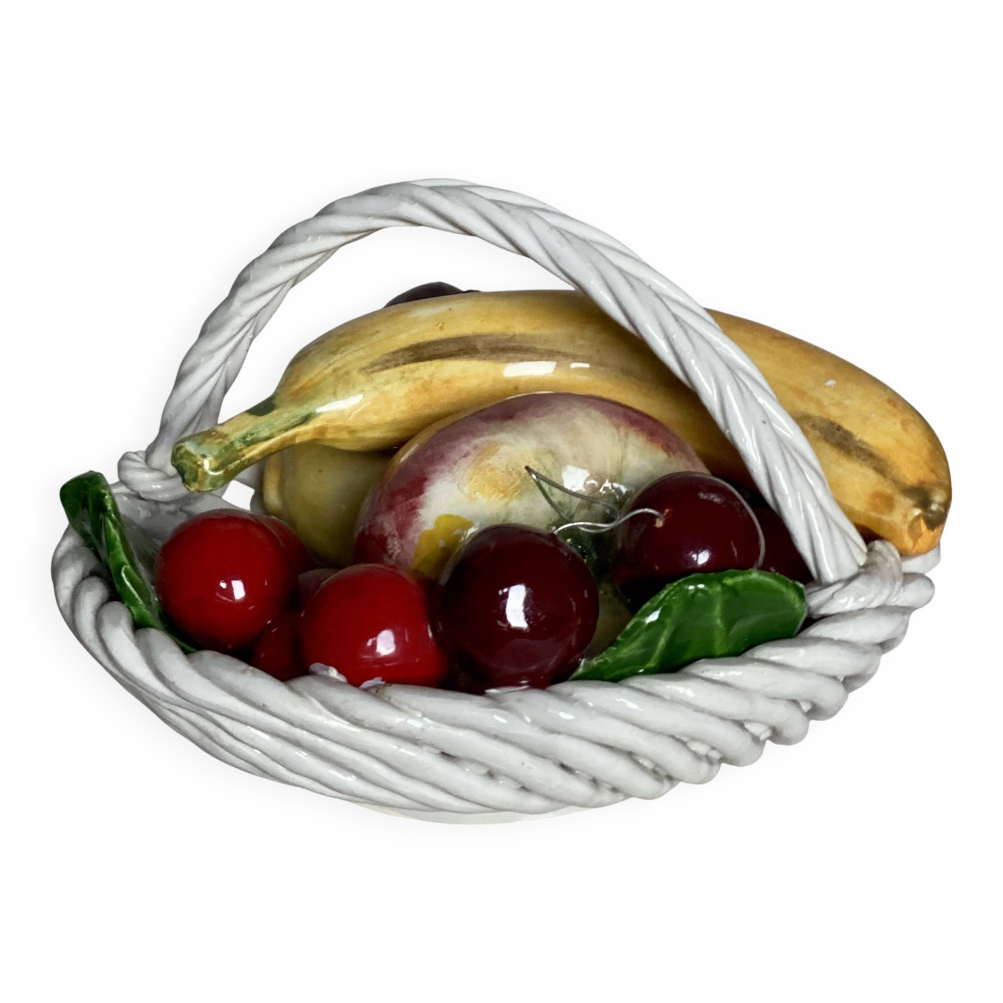 Vintage 1960s Trompe-l'Œil Fruit Basket in Woven Ceramic with Slipware