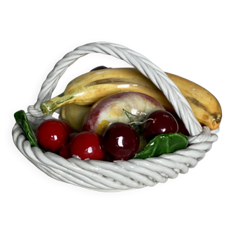 Vintage 1960s Trompe-l'Œil Fruit Basket in Woven Ceramic with Slipware