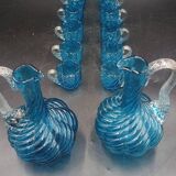 Cabaret Portieux liqueur service with 10 blue and clear glasses.