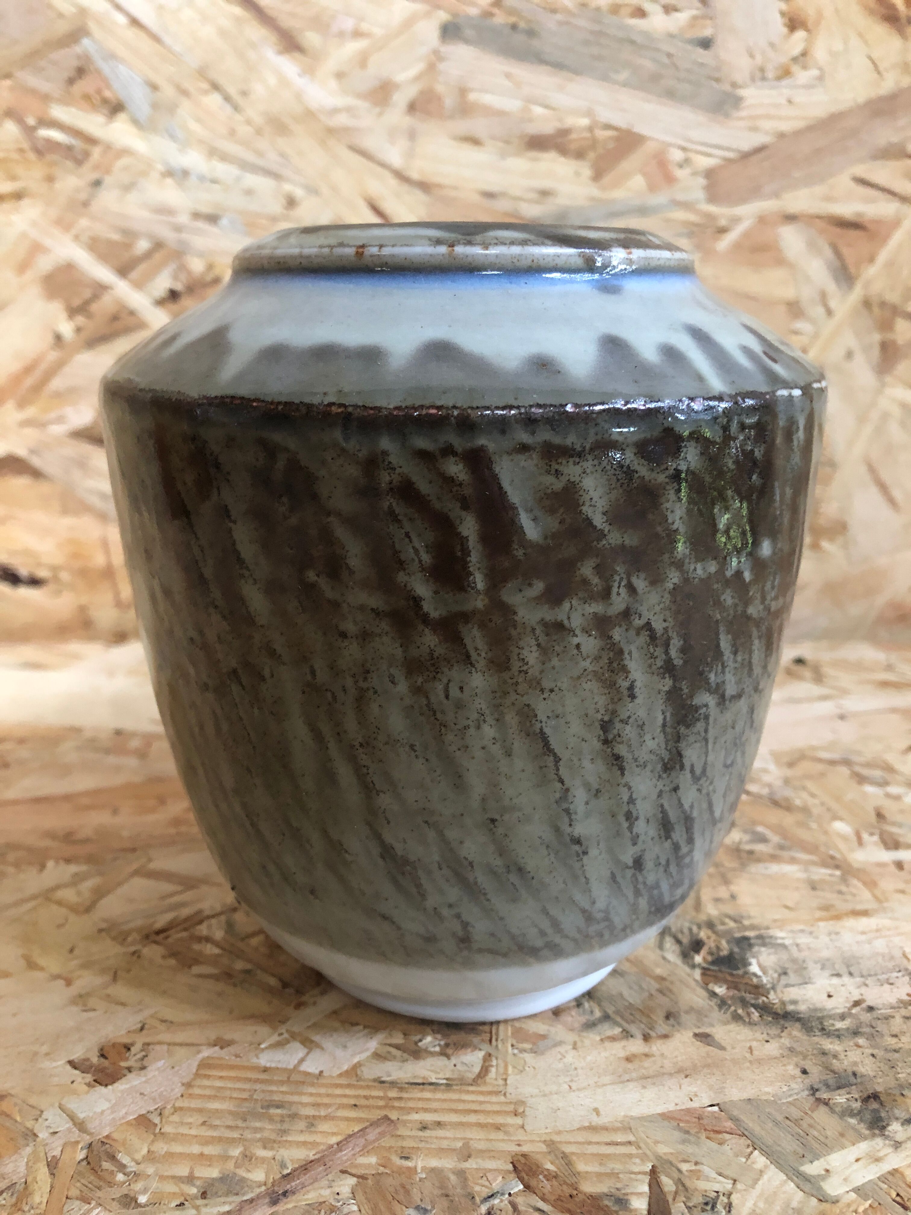 Old Ceramic Vase White Brown Grey 70s Signature Vintage