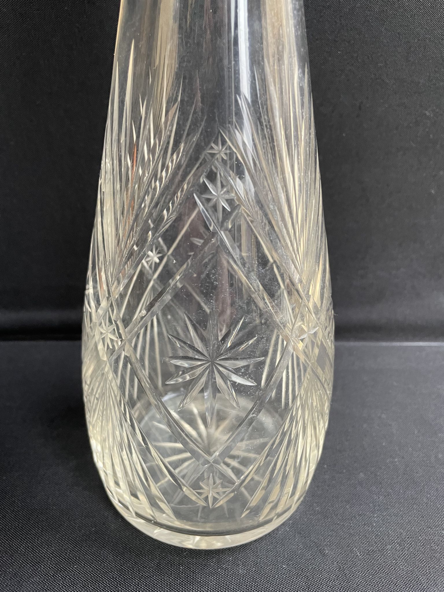Blown crystal decanter, cut and silver collar