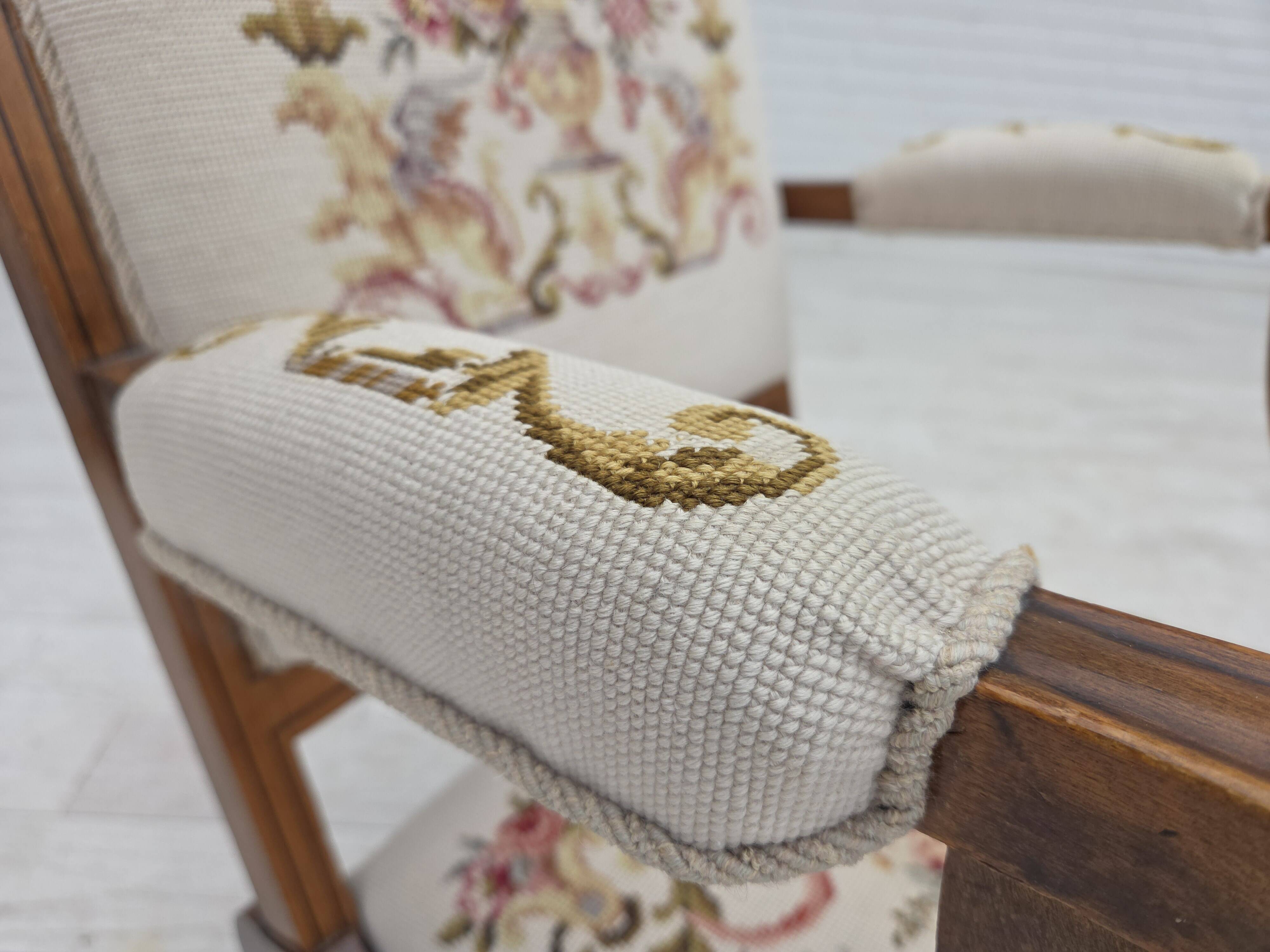 1930s, Danish highback rocking chair, original hand woven wool, ash wood.