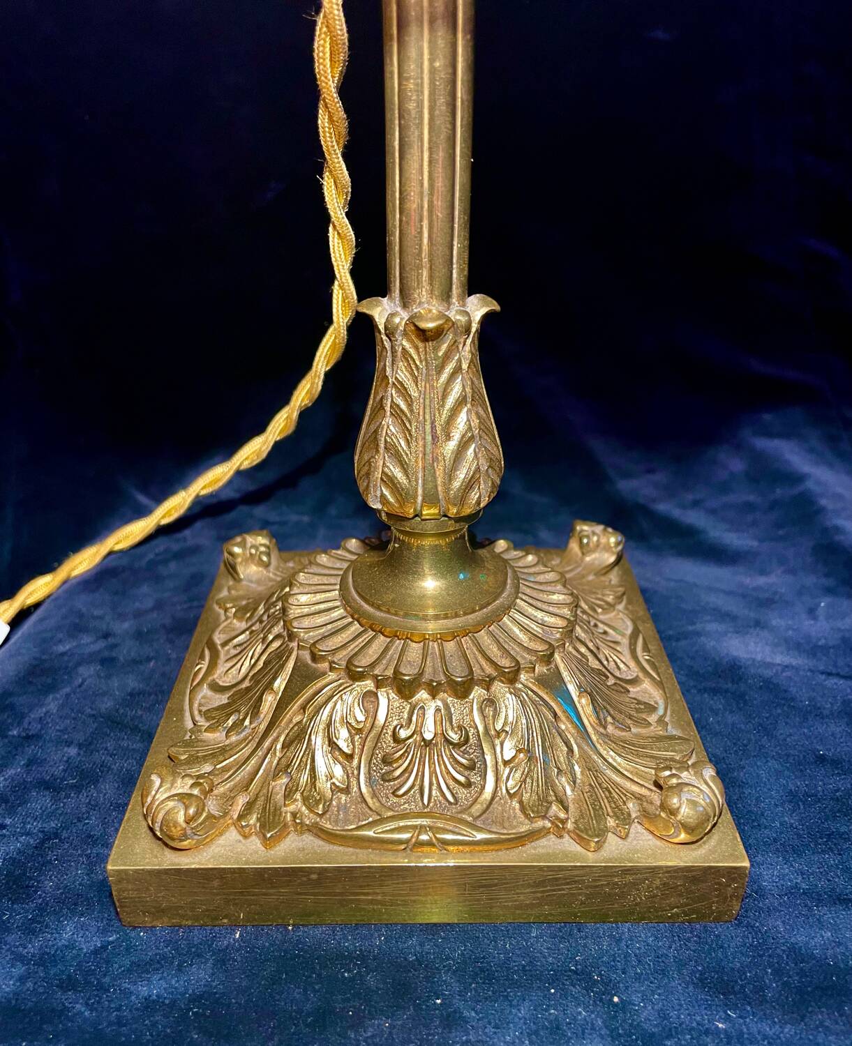 Large adjustable lamp, brass/pink glass, early 20th century.
