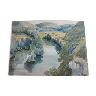 Watercolor Lot valley signed Bettina Von Arnim