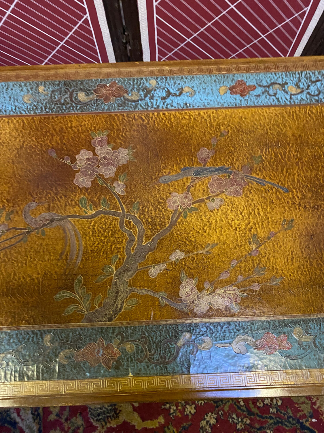 Chinese, Asian wooden coffee table nature peacock scene