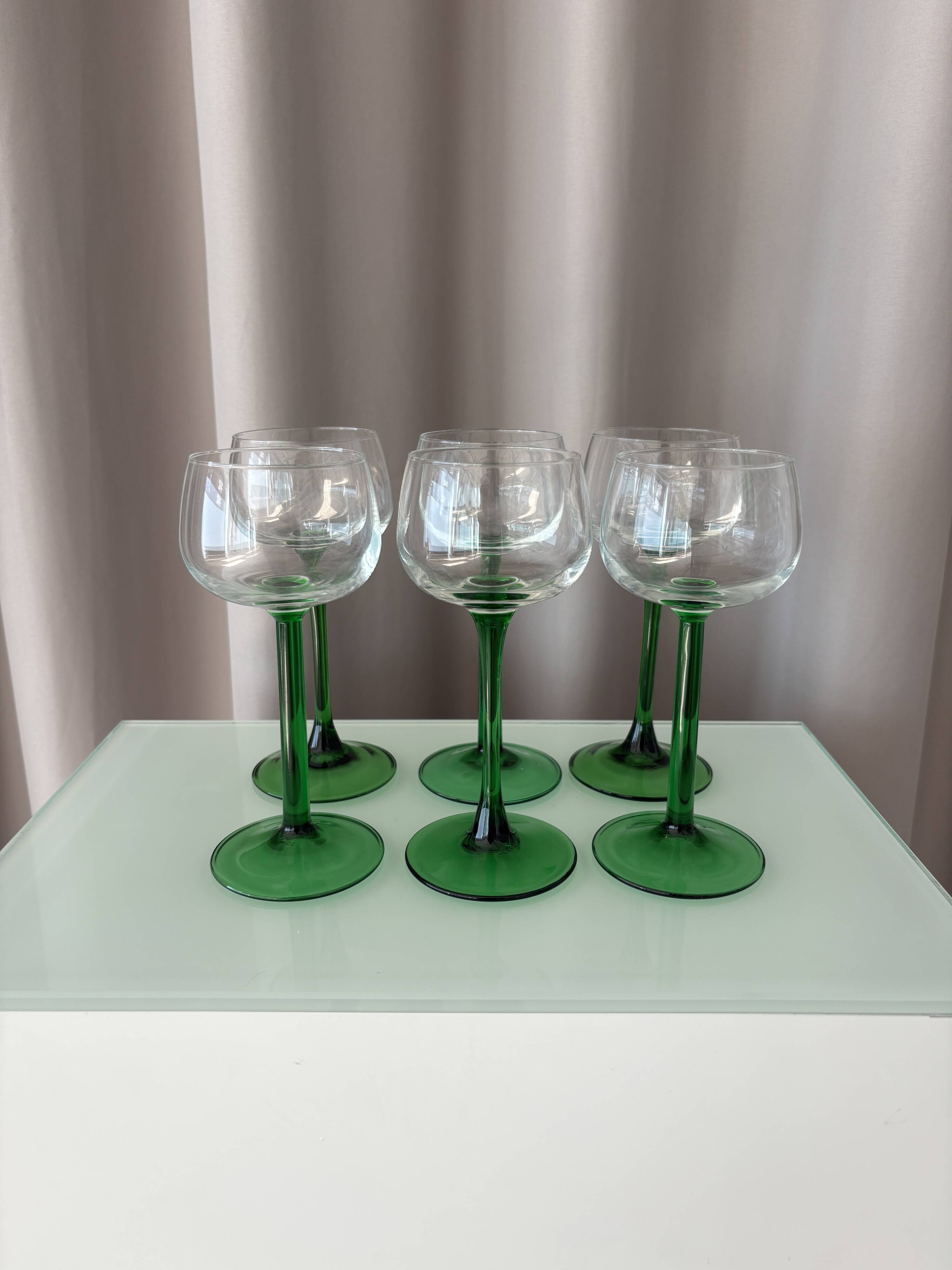 Set of 6 Vintage Luminarc France Green Stem Wine Glasses | French Glassware
